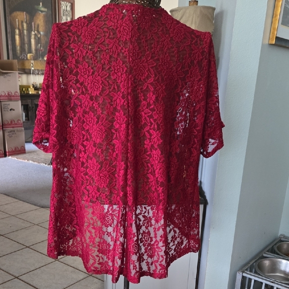 Red Lace Open-Front Cardigan - Picture 6 of 8
